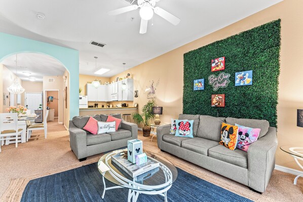 Curl up in the bright living room & stream your favorite entertainment