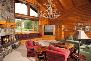 Living Room with antler chandelier