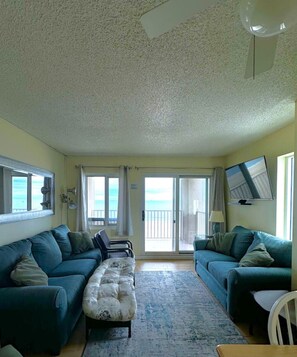 This is an outdated photo - the up and coming pictures will feature a stunning new living room! But you can see the ocean from right here!