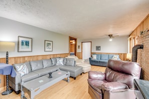 Living Area | Queen Sleeper Sofa | Wood-Burning Stove | Smart TV w/ Cable