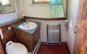 Large shower/wetroom.  Has a fresh water flushing toilet and basin.