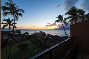 Evening ambiance meets luxury in this coastal-chic living room with full ocean views and tropical island decor.