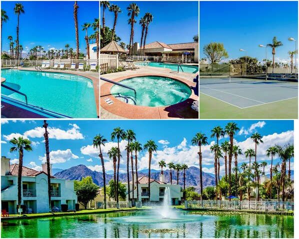 Enjoy the luxurious resort experience with access to glistening pools, a rejuvenating hot tub, and a sauna nestled among palm trees, perfect for families and multi-generational travelers.
