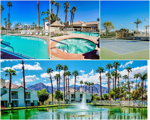 Enjoy the luxurious resort experience with access to glistening pools, a rejuvenating hot tub, and a sauna nestled among palm trees, perfect for families and multi-generational travelers.