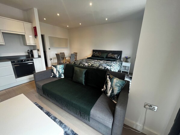 A large bright living space with a 3 seater sofa bed