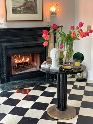 1845 Foyer with Verde Malachite marble from Italian alps. Working fireplace.