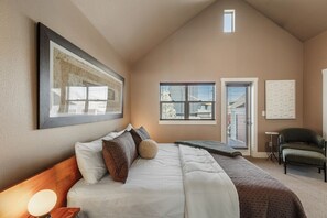 Primary bedroom king bed, ensuite bathroom, 2nd floor walk out patio