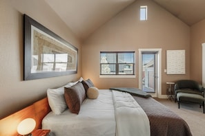 Primary bedroom king bed, ensuite bathroom, 2nd floor walk out patio