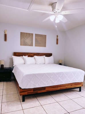 Rest peacefully with a memory foam king mattress and blackout curtains!
