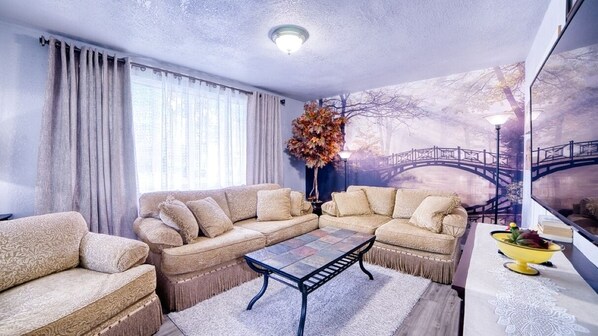 Cozy Living room with beautiful mural & electric fireplace
