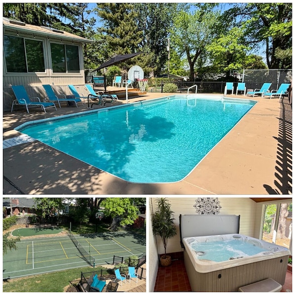 Resort style backyard with pool, pickleball court, putting green, and more!
