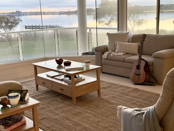 Sunrise over the river from the upstairs living space.