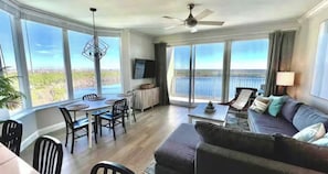 Living and Dining room with lake view.