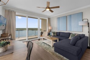 Living room with lake view.
