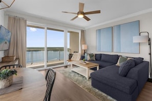 Living room with lake view.