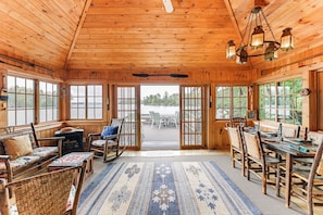 Sunroom | 1st Floor | Lake & Mountain Views | Deck Access | Dining Area