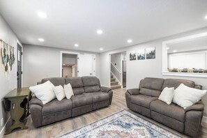 65" Smart TV, Electric Fireplace, Sofa & Loveseat