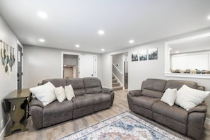 65" Smart TV, Electric Fireplace, Sofa & Loveseat