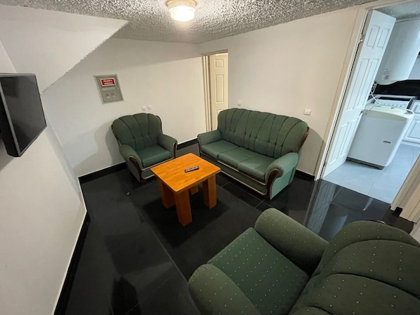 Sala de estar com sofá cama e TV