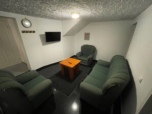Sala de estar com sofá cama e TV