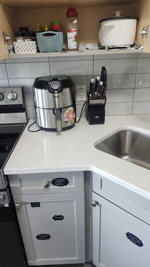 kitchen cupboards are labeled for easy find