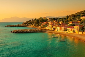 Akroyali Beach at Sunset – Just 1.5km from the Property. Discover Tranquility by the Sea.