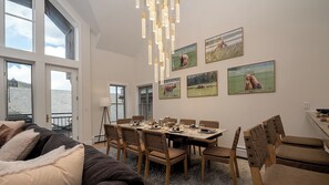 Dining table under grand chandelier