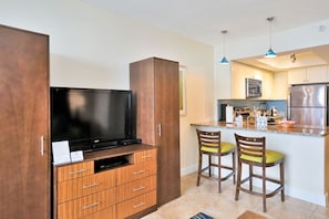 Living Area/Kitchenette: Cozy living space with a kitchenette, featuring a TV, storage cabinets, and bar stools.