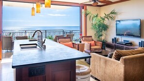 Enjoy Ko Olina Beach Villas B609's open floor plan, bar seating and soft ocean breezes.
