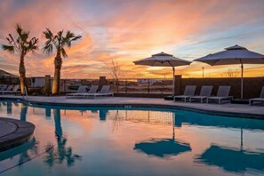 Poolside Loungers & Palms in Sunset Glow