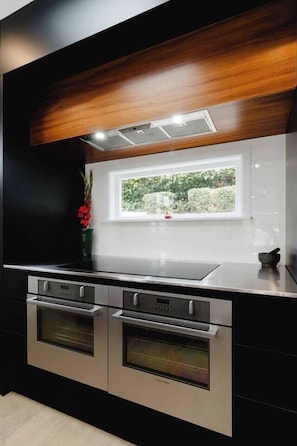 Double ovens with electric induction cooktop.