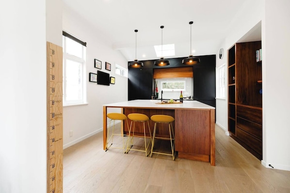View of kitchen from dining area.