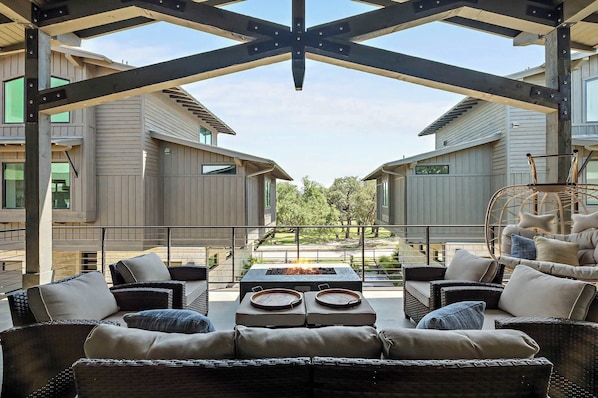 Our balcony with a gas firepit sets the scene for peaceful mornings and starry evenings.