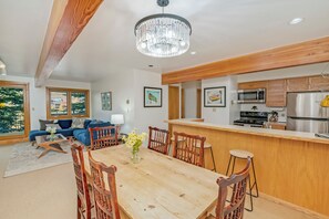 Dining table seats six comfortably 