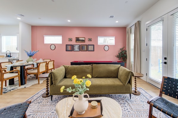 Plush olive green couch in the living room