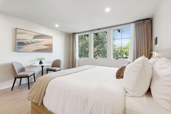 King-size bed, sleeps 2, seating area, and 65" Hisense TV