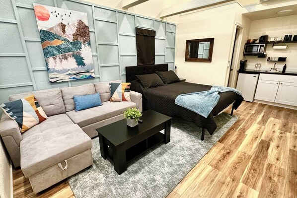 Overview of the sofa and queen bed