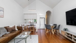 Open plan living with kitchen, living, dining and smart tv