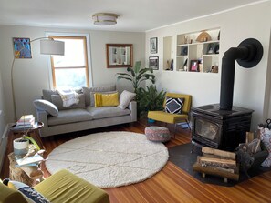 Living room with wood stove