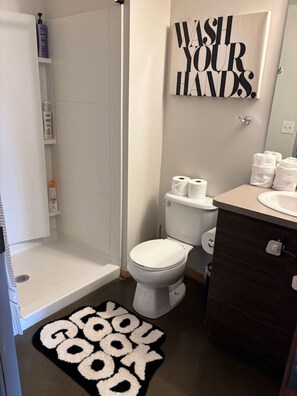 You feel a sense of calm as you enter the bathroom, where the thoughtful design and high-quality materials create a serene environment.