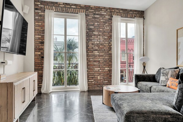 Chic living room, natural light.