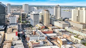 Aerial view of downtown New Orleans—walkable to Bourbon Street, casinos, and the Mississippi River.