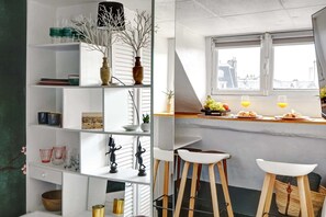The dining area and kitchen