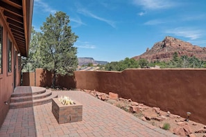 Back patio with amazing views and fire pit