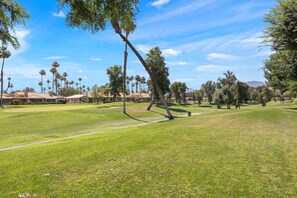 Open golf course with palm trees and peaceful surroundings