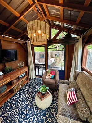 Gazebo interior, fully enclosed with attached private deck.