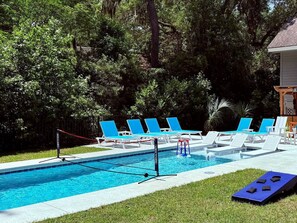 One of the best features of Sweet Carolina Retreat is its heated pool. The 13' x 35' newly built pool is a sports pool (for fun games like volleyball) and has a shallow tanning ledge with two bubblers for lounging or for little ones to play.