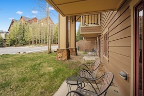 Private patio with outdoor seating.