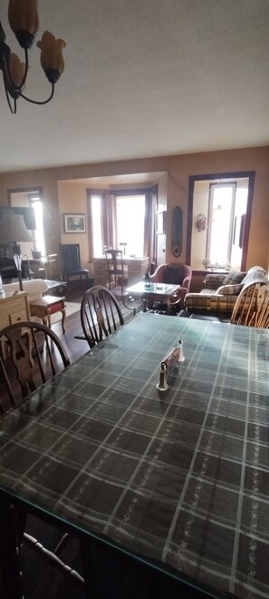 kitchen goes into the large dining and living room with gas fireplace