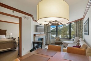 Dining Table & Living Area w/ fireplace and valley views